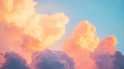 Poster - Beneath a soft canvas of pastel hues, billowing clouds dance gently in the twilight sky. The fading sun casts a warm glow, transforming the atmosphere into a serene, dreamlike setting