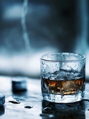 Aufkleber - Chilled glass of whiskey with condensation on surface surrounded by ice and water droplets : Generative AI