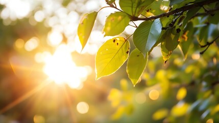 Aufkleber - Golden sunlight streaming through vibrant green leaves creating a magical natural scene : Generative AI