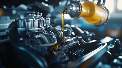 Poster - Automated oil dispensing process manufacturing facility industrial technology engine maintenance close-up view efficiency and precision in action