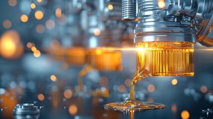 Poster - Industrial machinery producing golden liquid factory floor high-quality image technological environment close-up view innovation in manufacturing