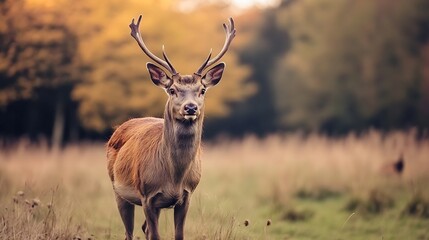 Poster - Majestic Deer Standing Gracefully in a Serene Meadow Surrounded by Autumn Colors : Generative AI