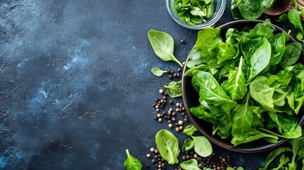 Poster - Fresh green spinach leaves on dark surface ready for healthy meal preparation : Generative AI