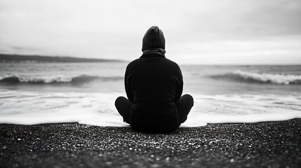 Poster - Contemplative Figure Sitting on Shoreline Watching Waves : Generative AI