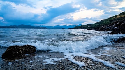 Poster - Stormy Ocean Waves Crashing on Rocky Shoreline Under Dramatic Cloudy Skies : Generative AI