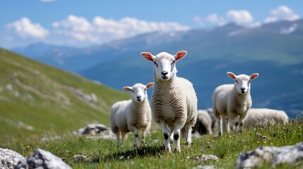 Poster - Three adorable sheep grazing peacefully on a vibrant green hillside under a beautiful blue sky : Generative AI