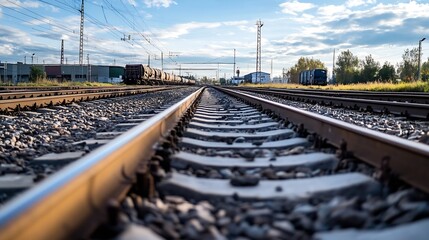 Poster - Perspective View of Tranquil Railway Tracks Under Bright Sky with Clouds : Generative AI