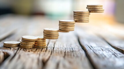 Aufkleber - Stack of Coins Forming a Ascending Stairs on Wooden Table Surface : Generative AI