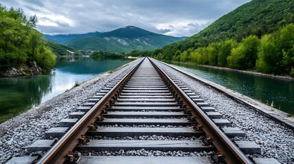 Poster - Scenic view of railway tracks running through lush green landscape reflecting nature's beauty : Generative AI