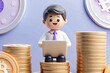 © sainan - cheerful character sitting on stacks of coins, working on laptop, surrounded by digital currency symbols, representing finance and technology