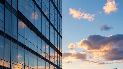 Wall Mural - Modern glass building reflecting colorful sunset clouds in the sky highlighting architecture and nature : Generative AI