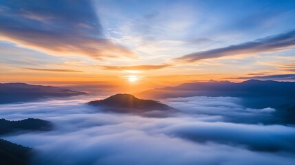 Poster - Breathtaking Sunrise Over the Mountains with Vibrant Colors and Misty Landscape Below : Generative AI