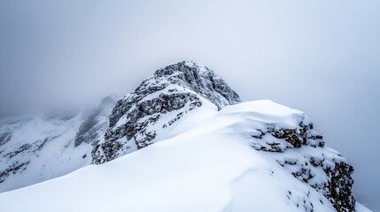 Aufkleber - Snowcovered mountain peak surrounded by mist and fog creating a serene winter landscape scene : Generative AI