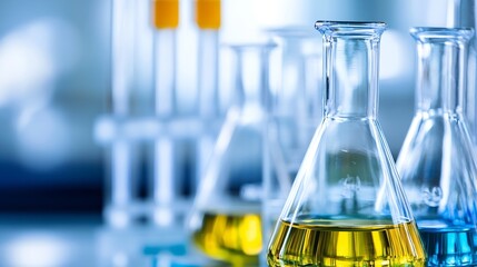 Poster - Laboratory Glassware with Colorful Liquids in Test Tubes and Erlenmeyer Flasks on a Clean Surface : Generative AI