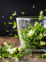 Poster - Fresh herbs being chopped and mixed in a glass bowl full of vibrant green ingredients : Generative AI
