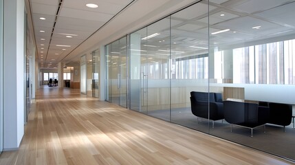 Poster - Spacious Light-Filled Office Hallway with Stylish Glass Walls : Generative AI