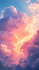 Poster - A breathtaking display of clouds fills the sky, showcasing vibrant hues of orange and purple. The sun's light breaks through, creating a magical ambiance at dusk