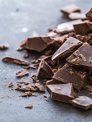 Poster - Rich dark chocolate pieces scattered on a textured surface showcasing the decadence of gourmet treats : Generative AI