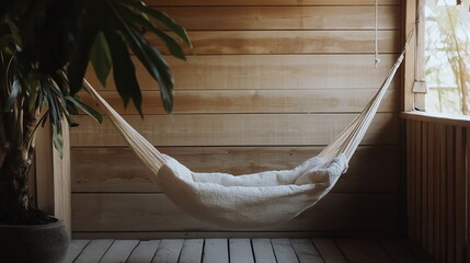 Poster - Cozy indoor hammock relaxing in a wooden room with natural light and greenery for a peaceful atmosphere : Generative AI