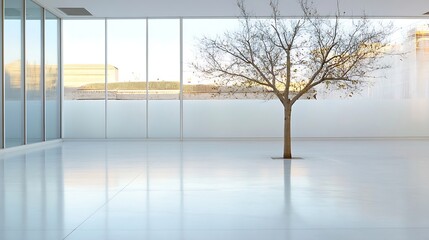 Aufkleber - Minimalist View of a Lonely Tree in a Modern White Room with Large Windows : Generative AI