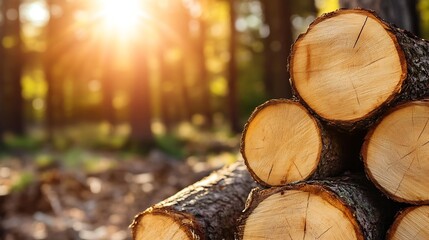 Poster - Freshly cut wooden logs stacked in a sunlit forest showcasing natural textures and warm sunlight filtering through trees : Generative AI