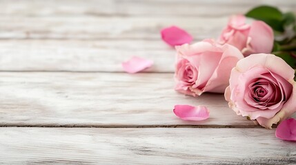 Poster - Beautiful pink roses with petals on rustic wooden background for romantic decor : Generative AI
