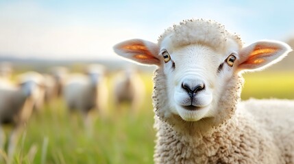 Poster - Cute sheep portrait in a green meadow with a herd grazing in the background under bright daylight : Generative AI