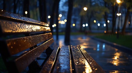 Poster - Serene Park Bench Under Rainy Night Lights Creating a Peaceful Atmosphere : Generative AI