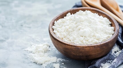 Aufkleber - Natural Fresh Cheese in a Wooden Bowl on a Textured Surface with Wooden Spoons : Generative AI