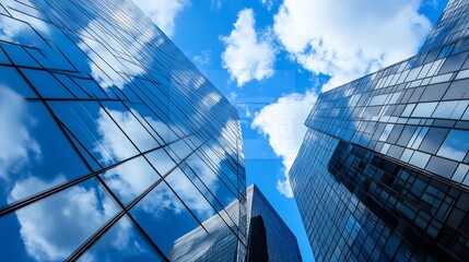Poster - Modern skyscrapers and a bright blue sky reflecting clouds in a city urban landscape : Generative AI