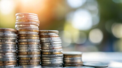 Poster - Stack of Shiny Coins with a Beautiful Background and Soft Bokeh Effect Shining in the Sun : Generative AI