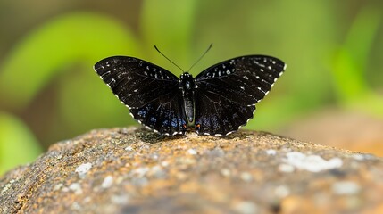 Aufkleber - Close Up Shot of Beautiful Black Butterfly on a Natural Stone : Generative AI