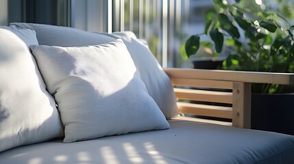 Leinwandbilder - Cozy sofa with soft cushions under bright natural light in a serene indoor space : Generative AI