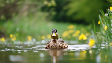 Poster - Duck swimming gracefully in a vibrant pond filled with blooming flowers and lush greenery : Generative AI