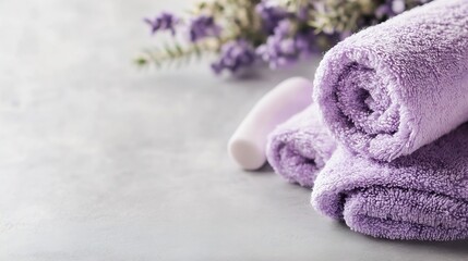 Poster - Soft Lavender Towels with Decorative Flowers on a Grey Background for Spa and Relaxation Themes : Generative AI