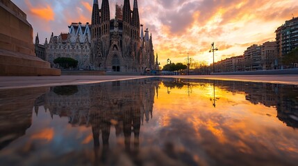 Poster - Stunning View of Sagrada Familia During Sunset Highlighting Reflections in the Puddle : Generative AI