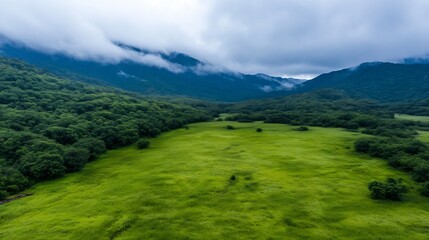 Aufkleber - Expansive Aerial View of Green Landscape Surrounded by Misty Mountains : Generative AI