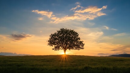 Poster - Lone Tree Silhouette Against Stunning Sunset Overlook in Peaceful Landscape : Generative AI