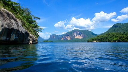 Poster - Tranquil lakeside landscape with mountains under clear blue sky perfect for nature lovers and travel enthusiasts : Generative AI