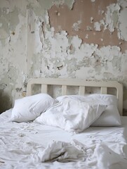 Poster - Disheveled bed with rumpled white pillows and wrinkled sheets in a distressed room with peeling walls : Generative AI