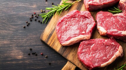 Poster - Raw beef steaks arranged on a wooden board with fresh herbs spices for a delicious meal preparation : Generative AI