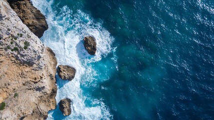 Poster - Mesmerizing aerial view of rocky coastline with waves crashing against rugged cliffs in vibrant blue ocean waters : Generative AI