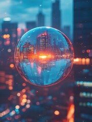 Poster - Creative glowing sphere hologram on blue city background. Metaverse and future concept. Double exposure