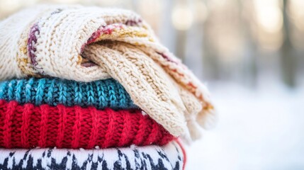 Poster - Stack of colorful knitted sweaters neatly arranged outdoors in winter setting : Generative AI
