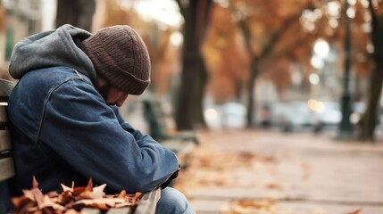Poster - A person sitting on a park bench surrounded by autumn leaves displaying a moment of introspection : Generative AI