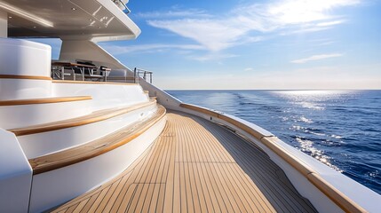 Aufkleber - Luxury yacht deck overlooking a serene ocean with sunlight reflecting on calm waters under a clear sky : Generative AI