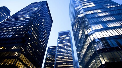 Poster - Stunning Urban Skyline Surrounded by Glass Towers Illuminated by Twilight Glow : Generative AI
