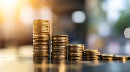 Aufkleber - Stacked coins reflecting growth and prosperity in a business environment illuminated by warm sunlight : Generative AI