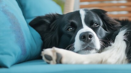 Aufkleber - Relaxed dog resting on a teal sofa with a calm expression in sunlight : Generative AI