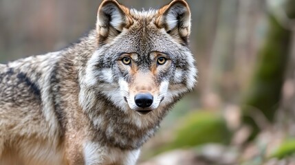  Closeup of a majestic wolf gazing directly at the camera in a serene forest setting : Generative AI